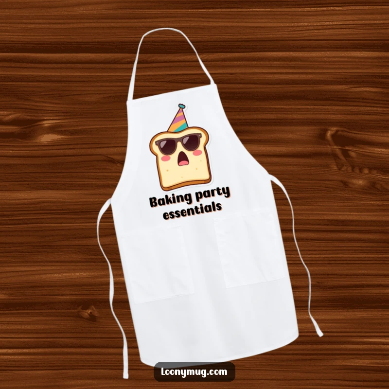 Funny apron with a surprised slice of toast wearing sunglasses and a party hat, ready for a hilarious cooking session.