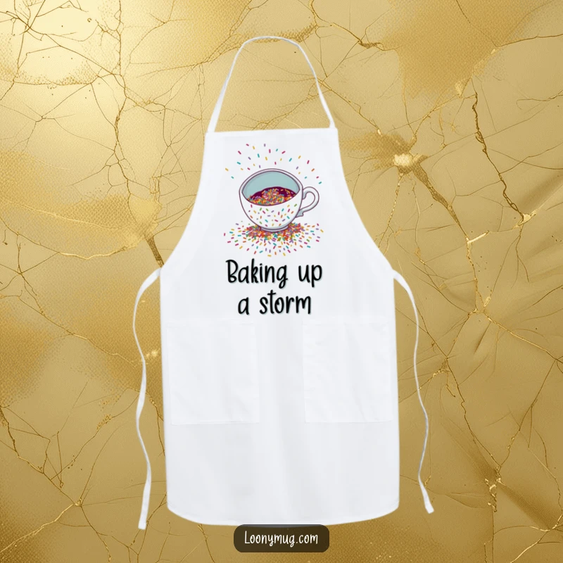 Funny Apron depicting a mischievous teacup spilling a colorful cascade of sprinkles, perfect for a festive kitchen vibe.