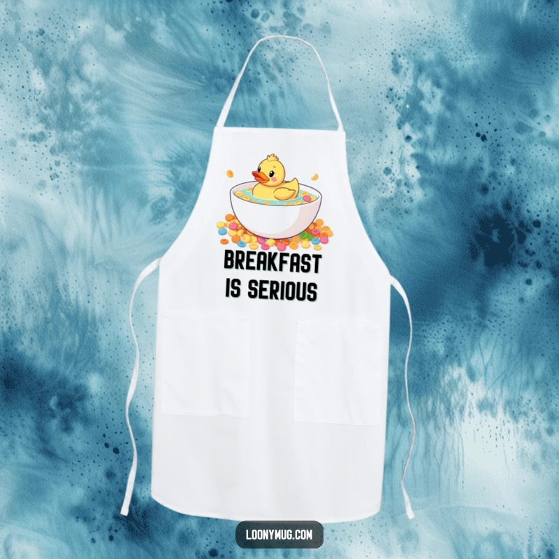 Funny rubber duck floating in a giant bowl of cereal, on a kitchen apron, humorous and practical kitchenware.