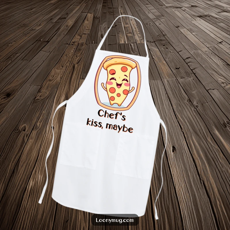 Funny apron featuring a giggling pizza slice character making silly faces while looking into a mirror, for a fun cook.