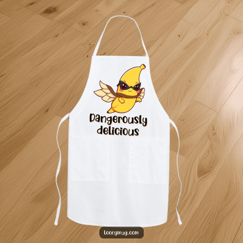 Funny apron featuring a determined flying banana in a cape, ready to tackle any kitchen task with humor.