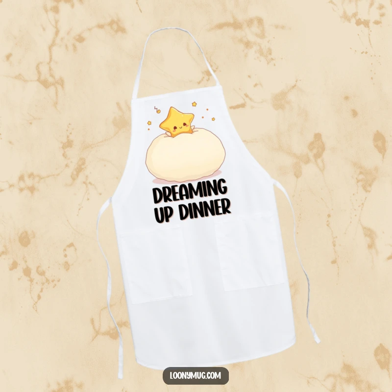 Funny apron depicting a dreaming star character happily bouncing on a big, plush pillow.