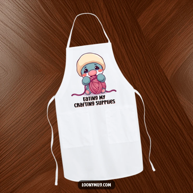 Funny apron illustrating a cheeky sock puppet puppet with wide eyes, attempting to devour a long strand of colorful yarn while cooking.