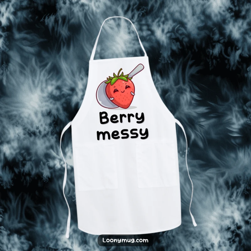Funny apron showcasing a blushing strawberry trying to hide behind a large spoon, perfect for culinary cuteness.
