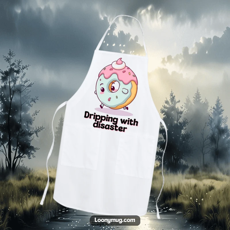 Funny clumsy donut apron character tripping over its frosting, a fun and practical kitchen accessory.