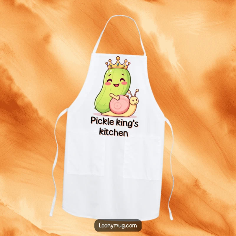 Funny apron: a grinning pickle wearing a crown rides a snail, designed for a humorous kitchen experience and protecting clothing.