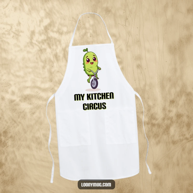 Funny apron showcasing a mischievous pickle character riding a unicycle with skill and flair.