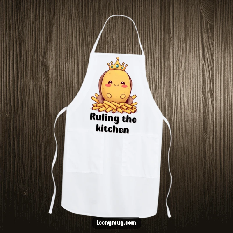 Funny apron design of a proud potato wearing a crown and sitting on a french fry throne, ideal for humorous kitchen protection.