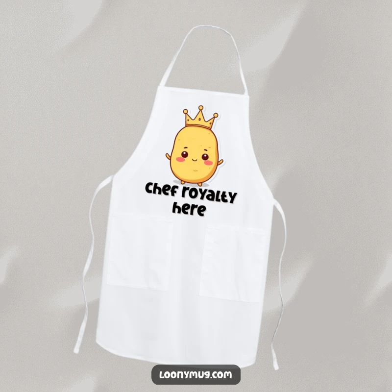 Funny apron featuring a proud potato wearing a tiny, crooked crown, ready to rule the kitchen.