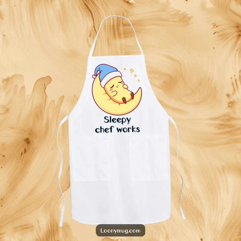 Funny banana in a nightcap, snoring on a moon pillow, on a kitchen apron, humorous and practical for cooking.