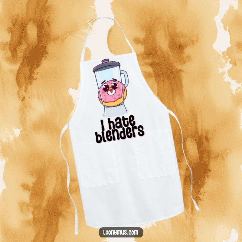 Funny apron showing a startled donut, googly eyes, escaping a blender, ideal for humorous cooking sessions.