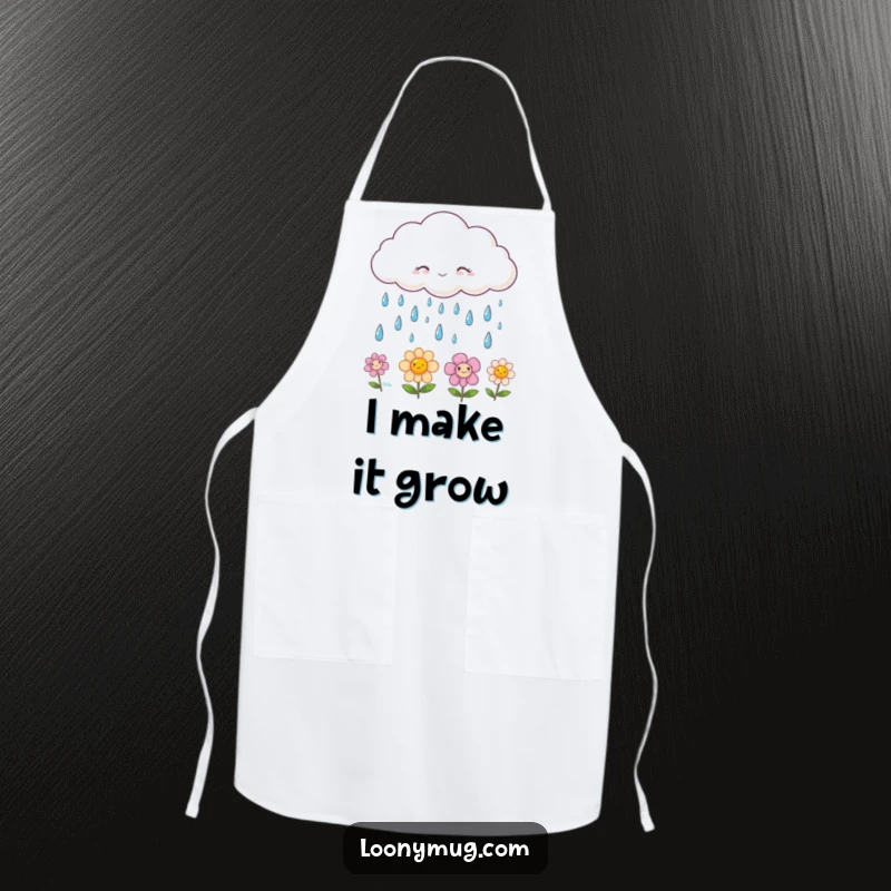 Funny apron depicting a fluffy cloud raining smiling raindrops onto happy flowers, ideal for cheerful kitchen adventures.