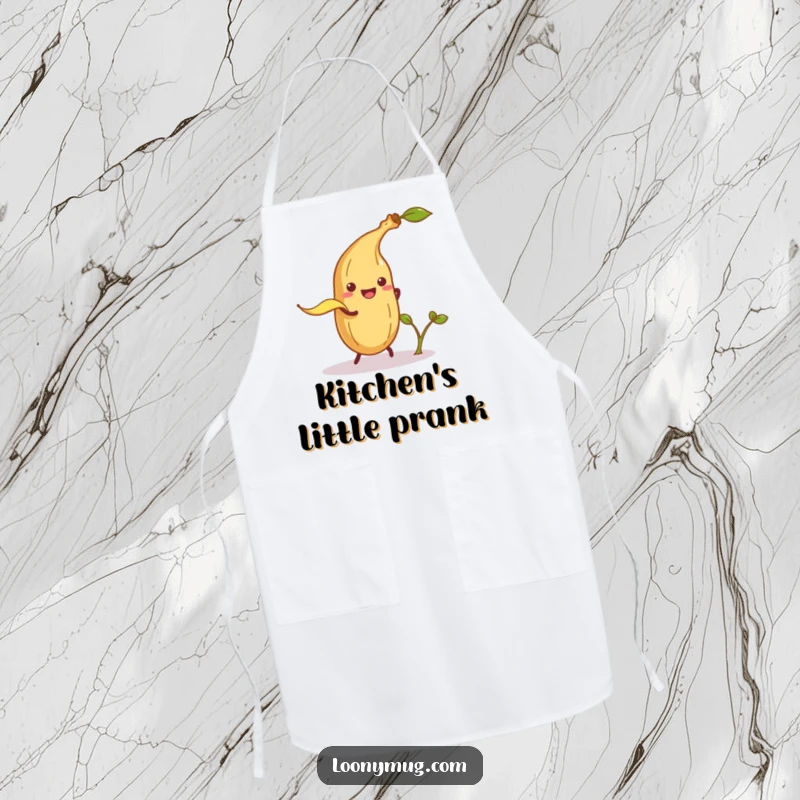 Funny apron depicting a mischievous banana peel attempting to trip a smiling potato sprout, ideal for kitchen adventures.