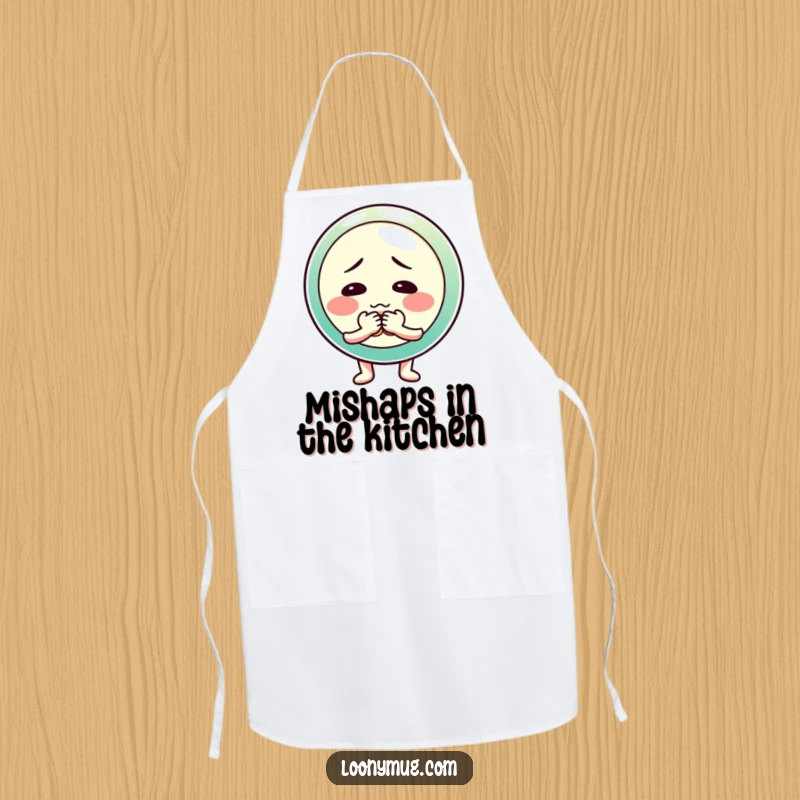 Funny apron featuring a shy button character fumbling with its buttons, for humorous kitchen protection.