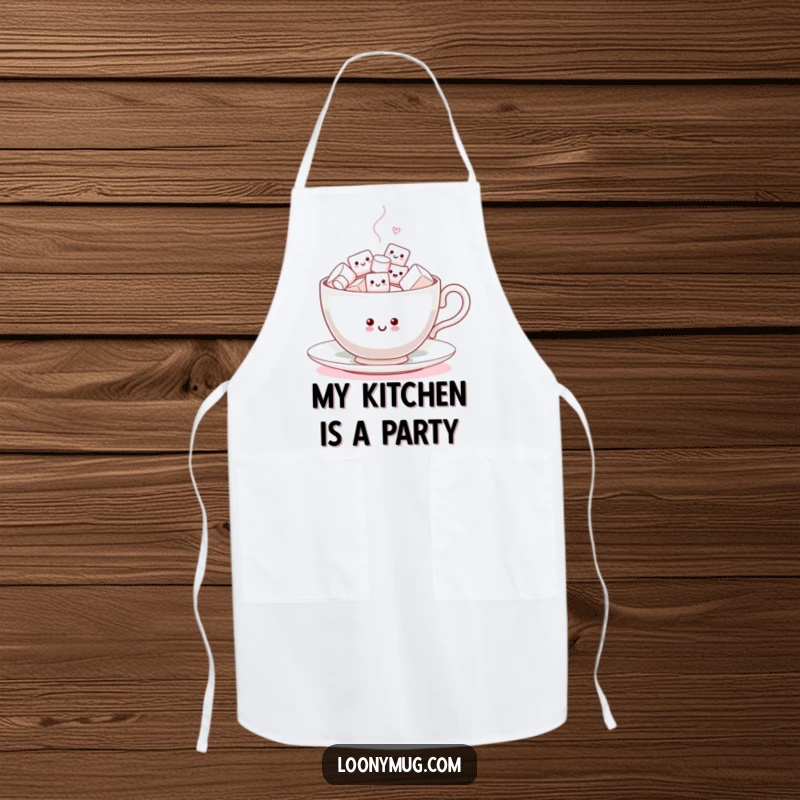 Funny Apron featuring a cheerful teacup filled with tiny, energetic marshmallows dancing, perfect for a fun cooking experience.