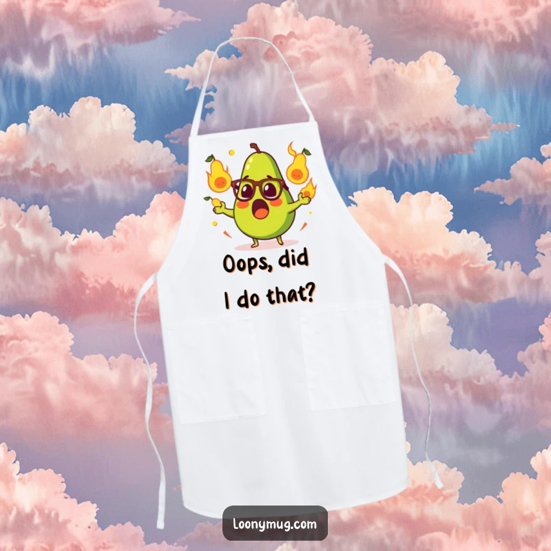 Funny apron showcasing a surprised avocado, glasses askew, juggling flaming pears, ideal for a humorous cooking experience.
