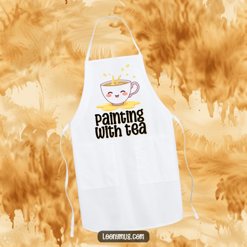 Funny apron design of a shy teacup giggling while spilling a rainbow of tea, ideal for humorous and colorful kitchen protection.