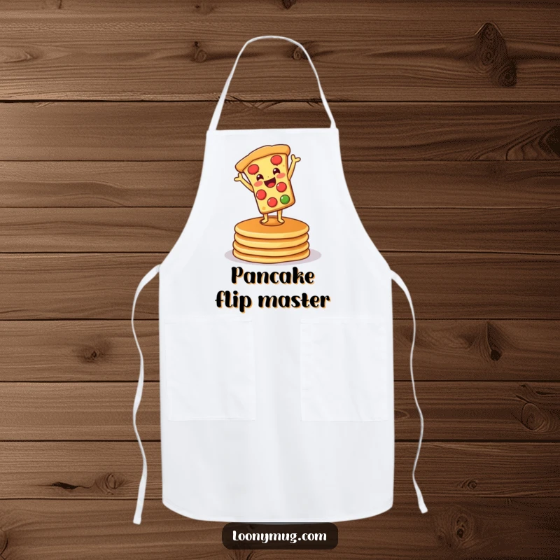 Funny apron design of a pizza doing a handstand on pancakes, perfect for kitchen fun and protecting clothes with humor.