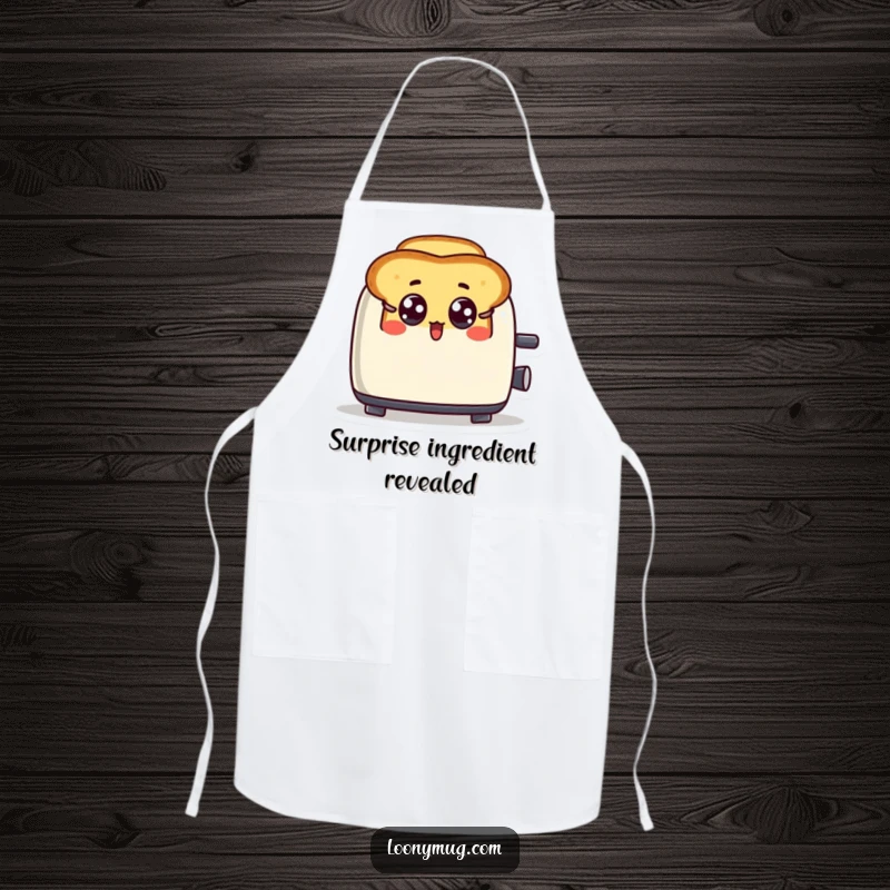 Funny apron with a surprised toast character popping out of a toaster, ready for kitchen chaos.