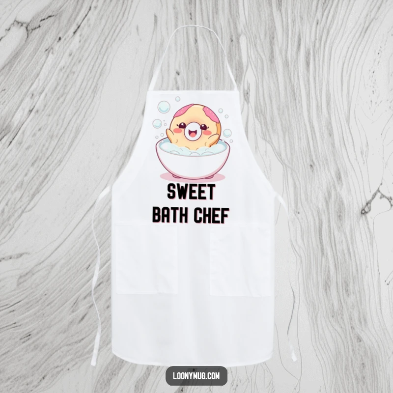 Funny kitchen apron showing a happy donut character blissfully floating in a bubble bath, ready for culinary fun.
