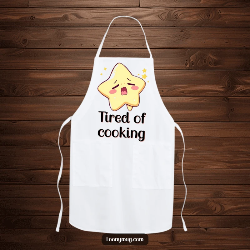 Funny sleepy star apron character yawning widely, trying to twinkle, a humorous and practical kitchen accessory.