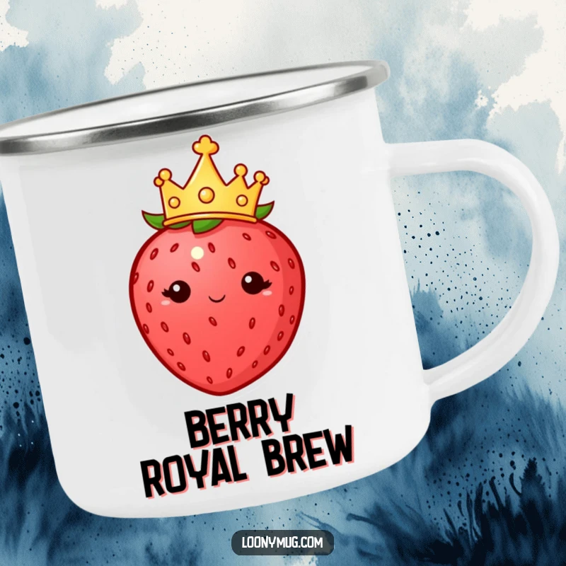 Funny camping mug featuring a plump strawberry wearing a tiny crown, looking imperious, great for outdoor adventures.