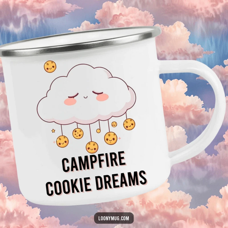 Funny sleepy cloud dreaming of raining cookies, on a durable camping mug. Ideal for outdoor coffee breaks.