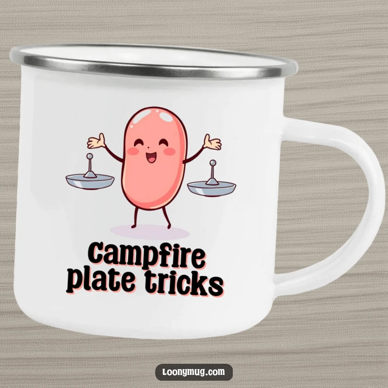 Funny camping mug depicting a wobbly jelly bean juggling three spinning plates, perfect for enjoying outdoor moments with a humorous twist.
