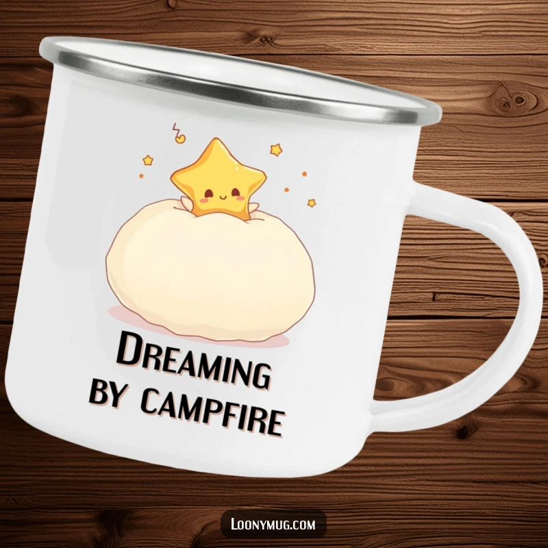 Funny camping mug showing a dreaming star character bouncing on a large, fluffy pillow in nature.