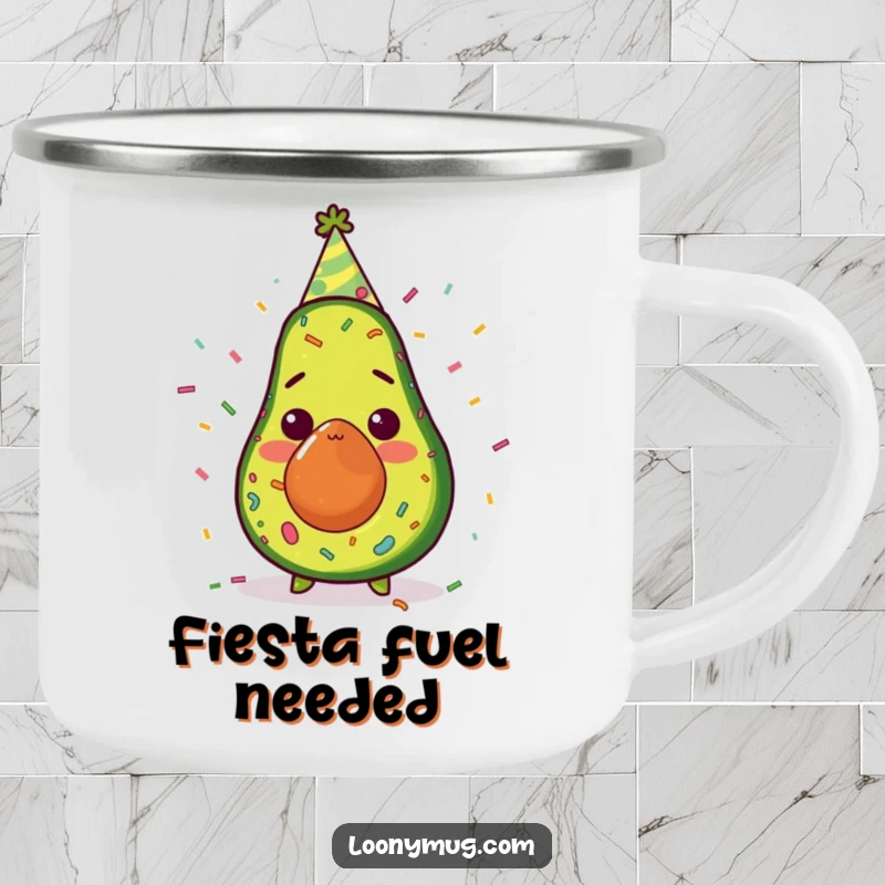 Funny avocado wearing a party hat, showered in confetti, on a camping mug, for outdoor adventures, humorous design.