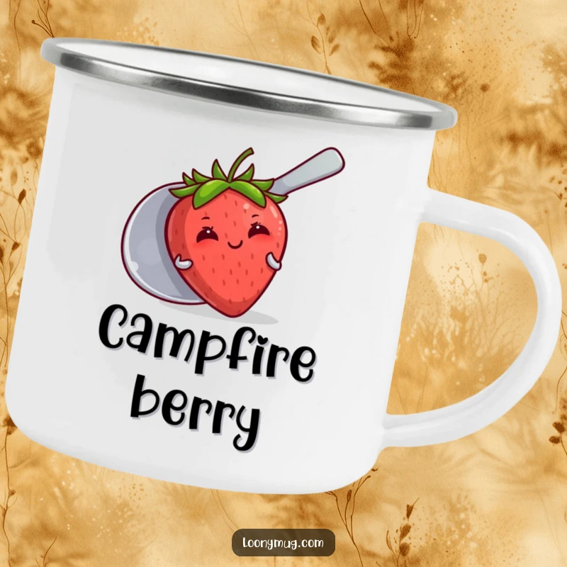 Funny camping mug featuring a blushing strawberry hiding behind a giant spoon, perfect for sweet outdoor moments.