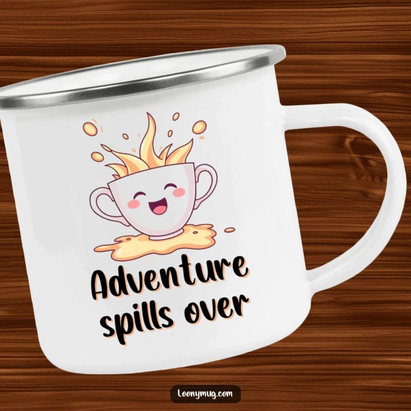 Funny camping mug showing a cheerful teacup character spilling its contents in excitement, for humorous outdoor enjoyment.