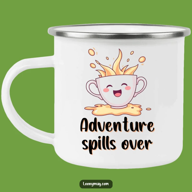 Funny Cheerful Teacup Spill Camping Mug: Enjoy Drinks with Hilarious Enthusiasm