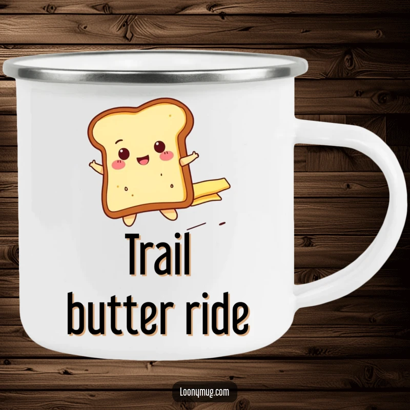 Funny cheerful toast slice riding a runaway butter pat, on a durable camping mug. Ideal for outdoor coffee.