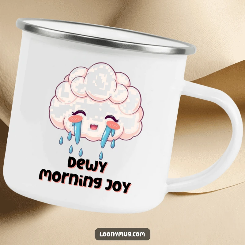 Funny camping mug with a cloud crying a rainbow, perfect for hot drinks and outdoor fun.