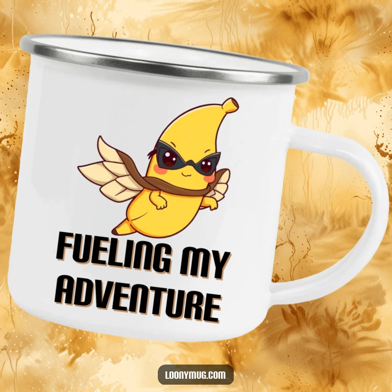Funny camping mug showing a determined banana with a cape flying, perfect for outdoor beverage enjoyment.