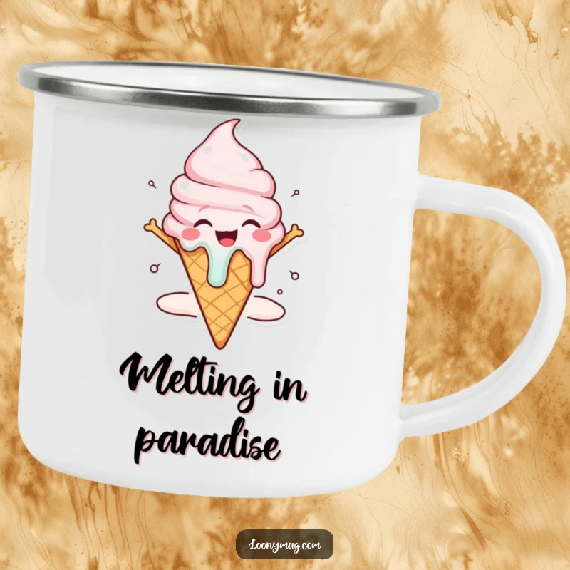 Funny melting ice cream cone camping mug character dripping with joy, ideal for outdoor adventures.