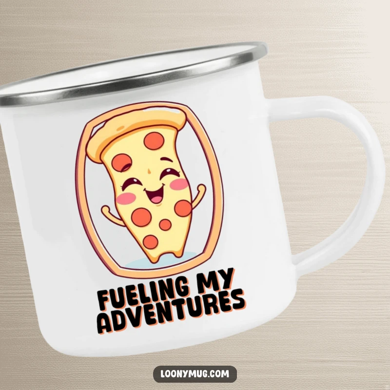 Funny camping mug with a giggling pizza slice character making silly faces at its reflection, for outdoor chuckles.