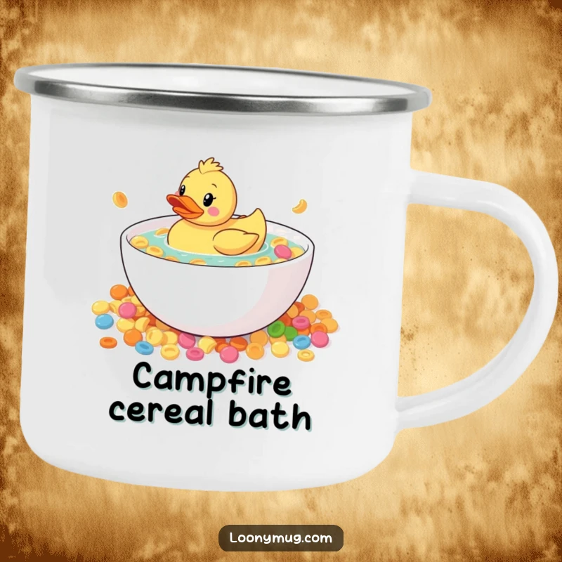 Funny rubber duck floating in a giant bowl of cereal, on a camping mug, humorous for outdoor adventures.