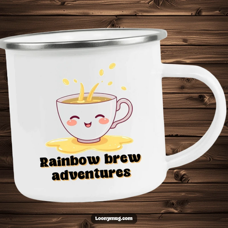 Funny camping mug showing a shy teacup giggling while spilling a rainbow of tea, ideal for humorous and colorful outdoor enjoyment.