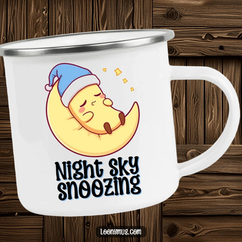 Funny banana in a nightcap, snoring on a moon pillow, on a camping mug, humorous for outdoor relaxation.