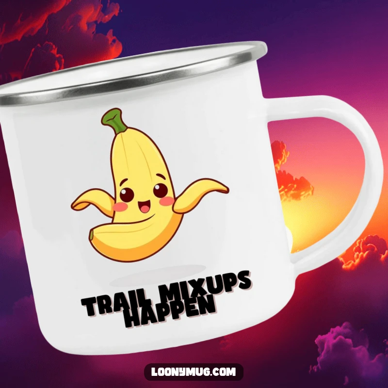 Funny Camping Mug showing a cheerful banana peel slipping on itself with a surprised expression, perfect for outdoor humor.