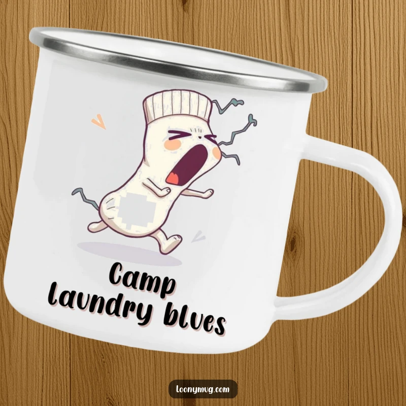 Funny camping mug: a sleepy sock yawns while a lint monster chases it, perfect for outdoor lovers with a sense of humor.