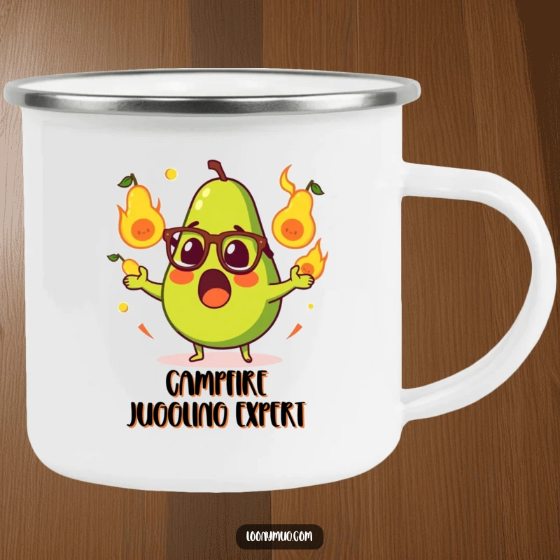Funny camping mug featuring a surprised avocado in glasses, juggling flaming pears, for humorous outdoor enjoyment.