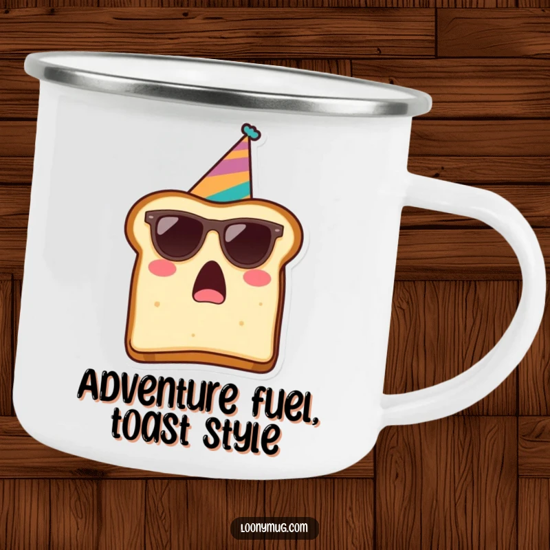Funny camping mug featuring a surprised slice of toast wearing sunglasses and a party hat, ready for outdoor fun.