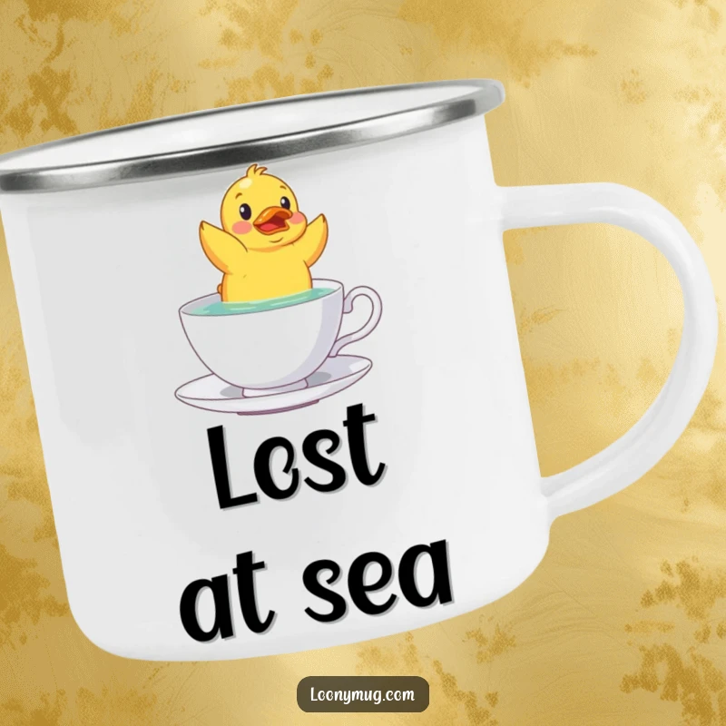 Funny rubber duck teacup design on a rugged camping mug, perfect for outdoor enthusiasts who love humor.
