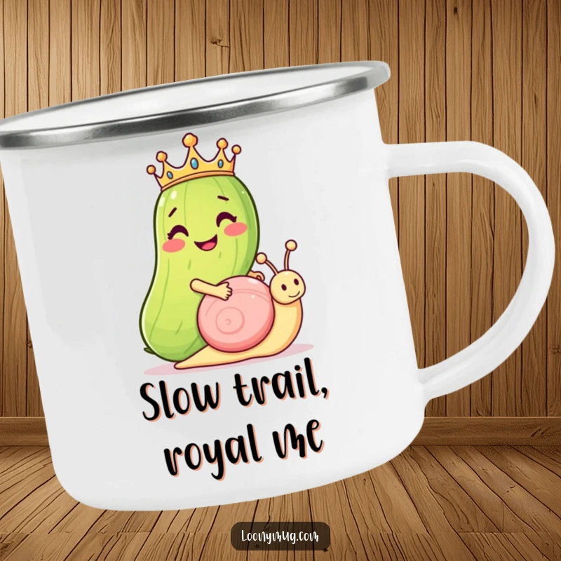 Funny camping mug: a grinning pickle wearing a crown rides a snail, perfect for outdoor lovers with a sense of humor and love for pickles.