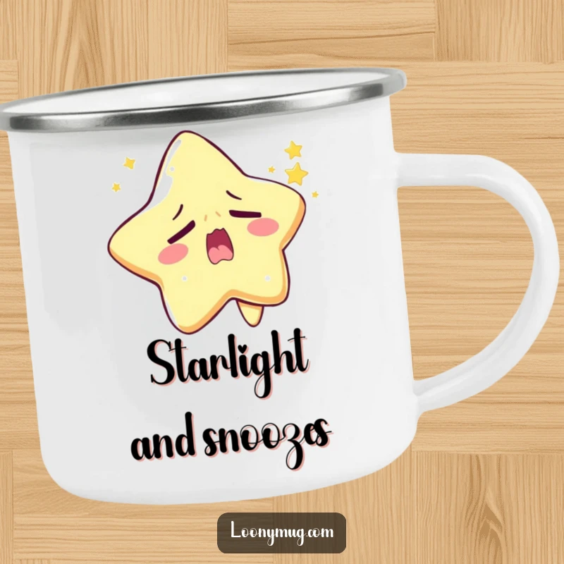 Funny sleepy star camping mug character yawning widely, trying to twinkle, ideal for cozy outdoor moments.