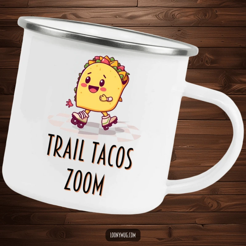 Funny taco wearing roller skates, zooming across a checkered floor, on a camping mug, humorous outdoor gear.