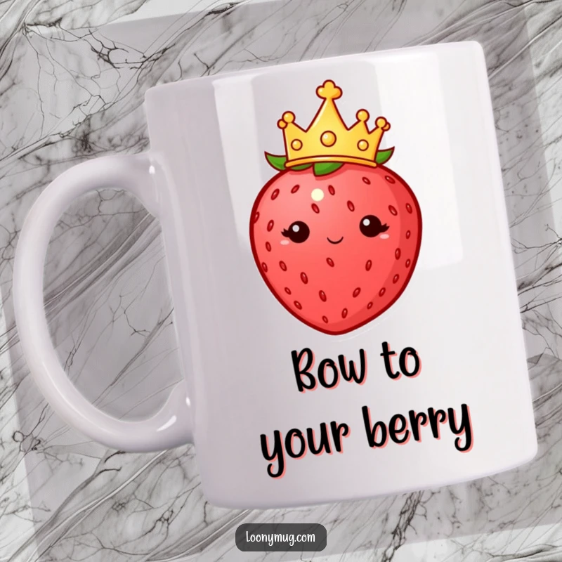 Funny mug featuring a plump strawberry wearing a tiny crown, looking down with an imperious expression, a regal berry.